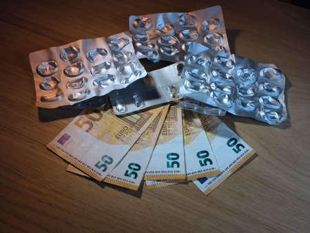 Empty pill blister packs and 50 banknotes illustrate the high cost of medication and healthcare expenses in Europe, with copy space on wood.の写真素材