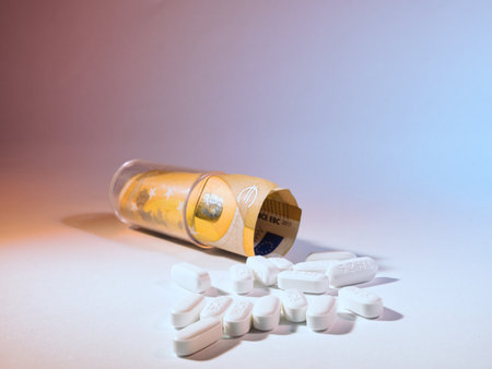 Cost of Drugs: Euro Money & Pills - Image showing pharmaceutical pills next to a rolled 50 Euro banknote, highlighting the increasing cost of medication and healthcare in Europe.の写真素材