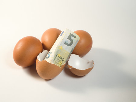 A rolled 5 Euro banknote is revealed inside a cracked brown egg, surrounded by whole eggs. Symbolizes hidden wealth, savings, or investment.の写真素材