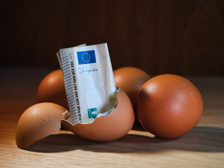 Five Euro Note in Broken Eggshell - A five Euro banknote emerging from a broken eggshell on a wooden table. Symbolizing savings, investment, and new financial beginnings.の写真素材