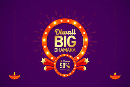 Diwali Big Dhamaka sale offer logo unit banner with cracker and lights celebration background, Indian festival of light, Sale offer, Logo design, Sticker, Concept, Greeting Card Template, Icon, Posterのイラスト素材