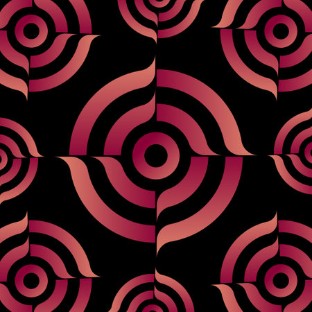 Geometric shape textile pattern, Ornament design, Ceramic tile, Pink and yellow colour with black background.のイラスト素材