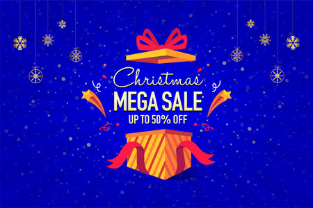 Christmas Mega Sale Offer logo unit with unboxing celebration graphics. Logo Design, Icon, Poster, Unit, Label, Web Header, Vector, illustration, Tag, Christmas Celebration.のイラスト素材