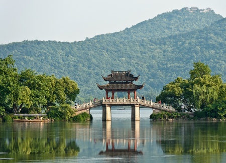 Bridge over a lake, Chinaの写真素材