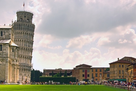 Lawn and people in front of the Tower of Pisa, Italyの写真素材