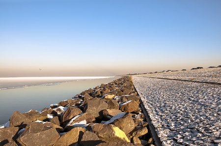 Water and ice along a dam in winter, Holland, Europe