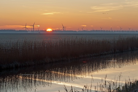 Sunrise in winter over a canalの写真素材