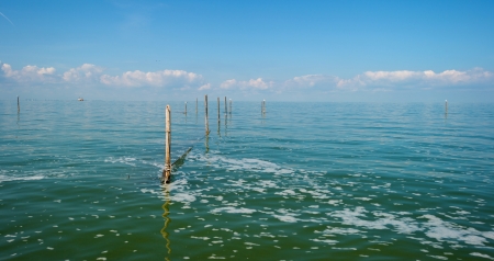 Fishnet in a lake under a blue skyの写真素材