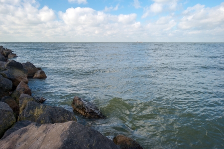 Dike along a lake in summerの写真素材