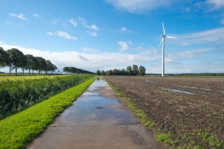 Wind turbine in a field after rain
