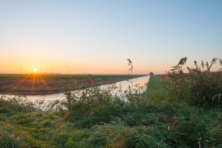 Canal in sunlight at dawn in autumnの写真素材