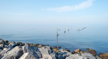 Dike along a lake at fall in mistの写真素材