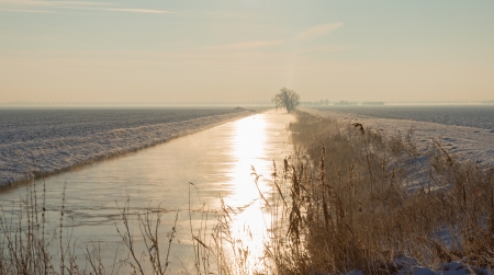 Sunbeam over a frozen canalの写真素材