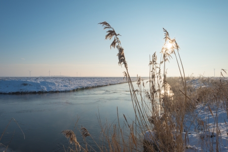 Sun above a frozen canalの写真素材