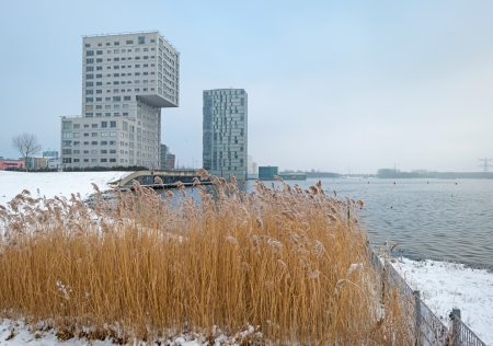 Highrise along a snowy lake in winterの写真素材
