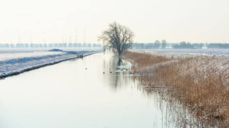 Canal through a snowy countrysideの写真素材
