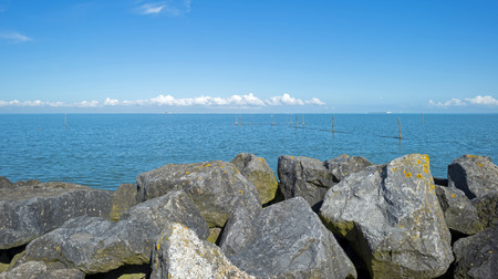 Dike along a lake in summerの写真素材