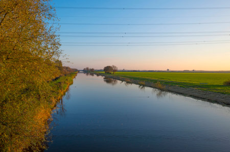 Cables over a canal at sunset in autumnの写真素材