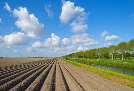 Canal along a plowed field with furrows in springの写真素材