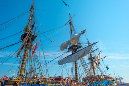 Masts of a tall ship in the harbor of Amsterdamのeditorial素材