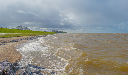 Beach along a stormy sea in springの写真素材
