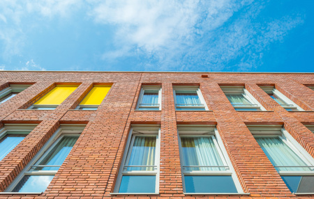 Brick building in sunlight in spring