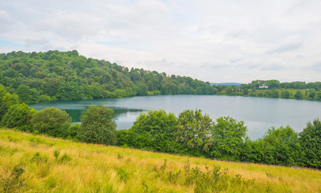 Volcanic crater lake in summerの写真素材