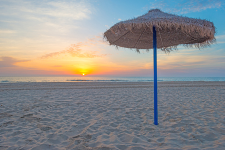 Sunrise over sea and sand beach in springの写真素材