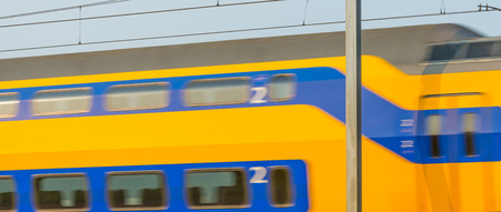 Train riding through nature in sunlight to fall