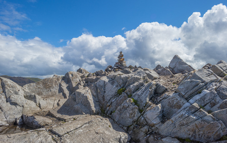 Panorama of mountains, marshy land and heathland or Connemara National Park in Ireland in summerの写真素材