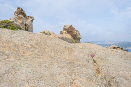 The Cape of the Bear formation of rocks in Palau in Sardinia below a blue sky