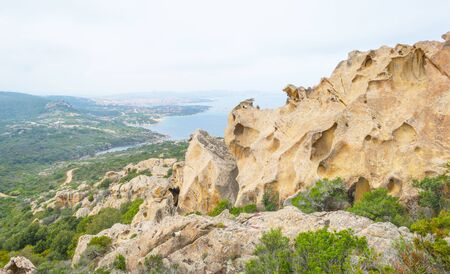 The "Cape of the Bear" formation of rocks in Palau in Sardinia below a blue skyの写真素材