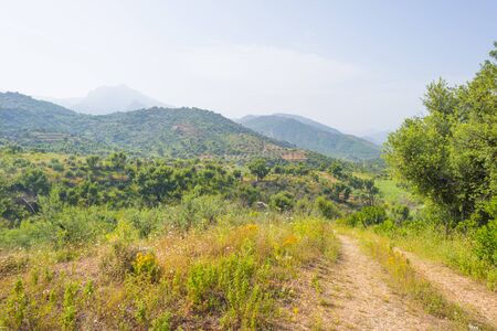 Scenic landscape or green hills and rocky mountains or the island of Sardinia in springの写真素材