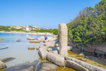 Rocky coast of the island of Sardinia in the Mediterranean Sea in sunlight in springの写真素材