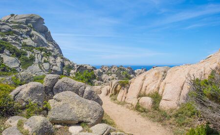 Rocky coast of the island of Sardinia in the Mediterranean Sea in sunlight in spring