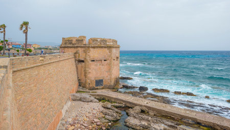 Rocky coast of the island of Sardinia in the Mediterranean Sea in sunlight in springのeditorial素材