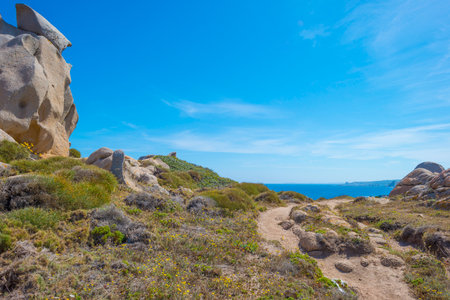 Rocky coast of the island of Sardinia in the Mediterranean Sea in sunlight in springのeditorial素材