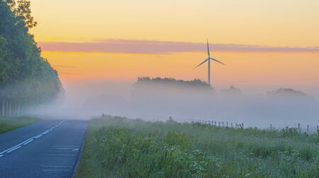 Misty road through foggy agricultural fields below a blue yellow sky in sunlight at a foggy sunrise...