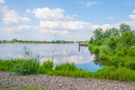 Edge of a sunlit lake with small islands with birds breeding reflecting a blue cloudy sky in summer