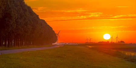 Wind turbines in a misty agricultural field in the countryside with a yellow sky at sunrise in summer, Almere, Flevoland, The Netherlands, August 6, 2020の写真素材