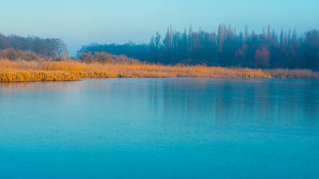 Shore of a lake at sunrise in winter. Landscape.