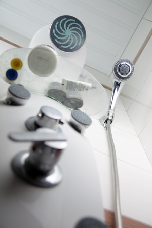 dirty shower, picture from above, focus on shower headの写真素材