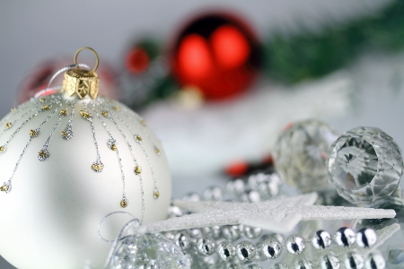 Christmas baubles, Crystal sphere and star on silver の写真素材