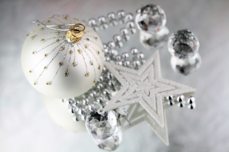 Christmas baubles, Crystal sphere and star on silver の写真素材
