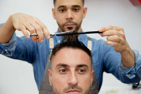 Close-up of the hairdresser cutting the client's hair with scissorsの写真素材