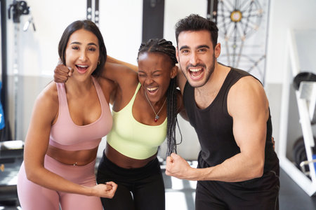 group of fitness friends flexing their arm very happy and smiling at the gymの写真素材