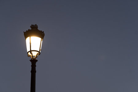 View of lit street lamp late in the evening. High quality photo