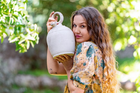 Young woman while holding a clay jug standing outdoors in a garden.の写真素材