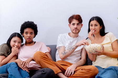 Friends captivated by a movie night at home, sharing a bowl of popcorn on the sofa.の写真素材