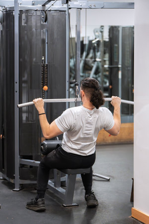 Athletic man performing lat pulldown exercise on a machine at a fitness center.